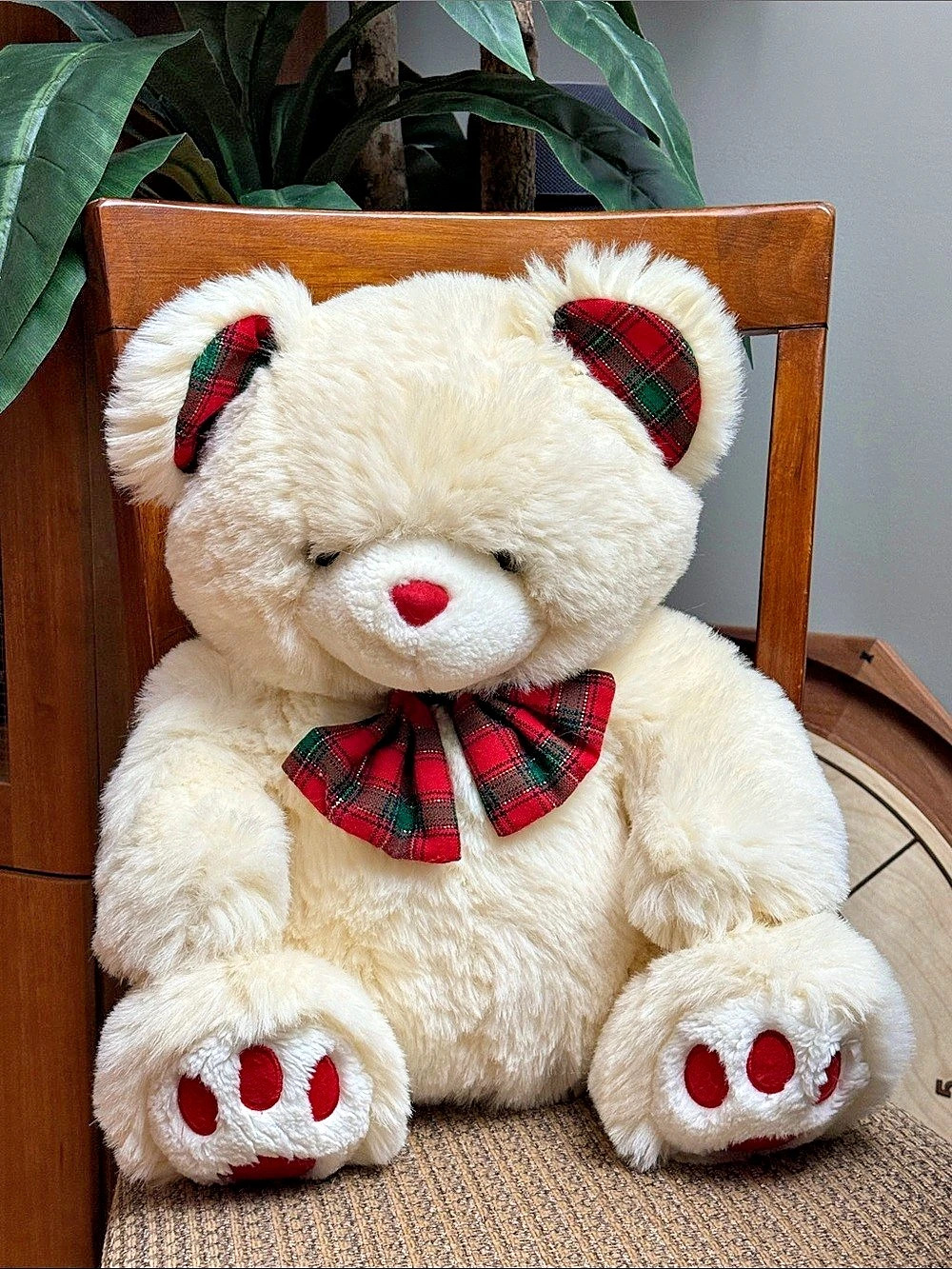 Vintage 1990s Large Fluffy Plush Teddy Bear Plaid Bow & Ears 1996 Plushies